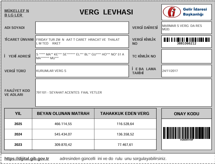 Gelir İdaresi Başkanlığı Vergi Levhası